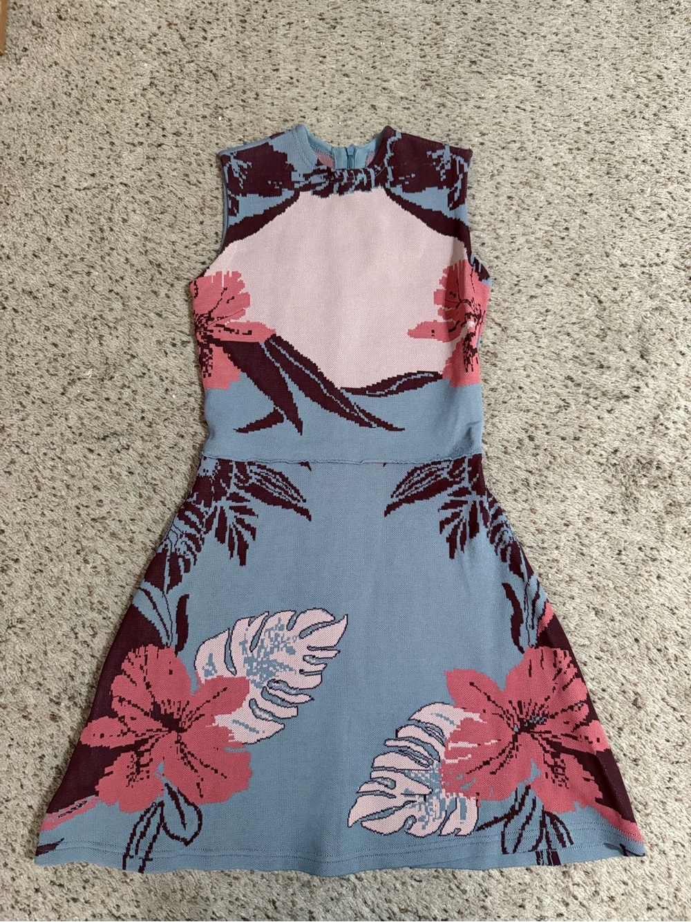 Tropical Floral Knit Sleeveless A-Line Mini Dress in Blue and Pink & Plum